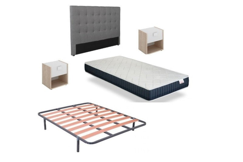 Pack TECHNIX Cabecero tela Gris + 2 Mesitas DINA + Somier con patas + Colchón Viscoelastico MALVIK 135x190