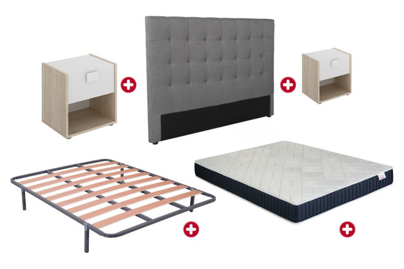 Pack TECHNIX Cabecero tela Gris + 2 Mesitas DINA + Somier con patas + Colchón Viscoelastico MALVIK 135x190