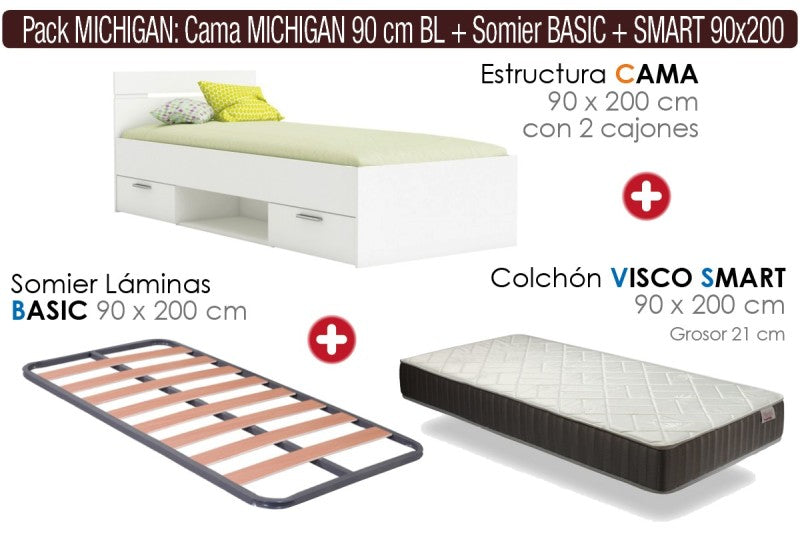 💤 Pack Completo de Descanso BOHEMIA (90x200 cm) · Cama con Cajones + Somier + Colchón Visco Smart 🛠️💥