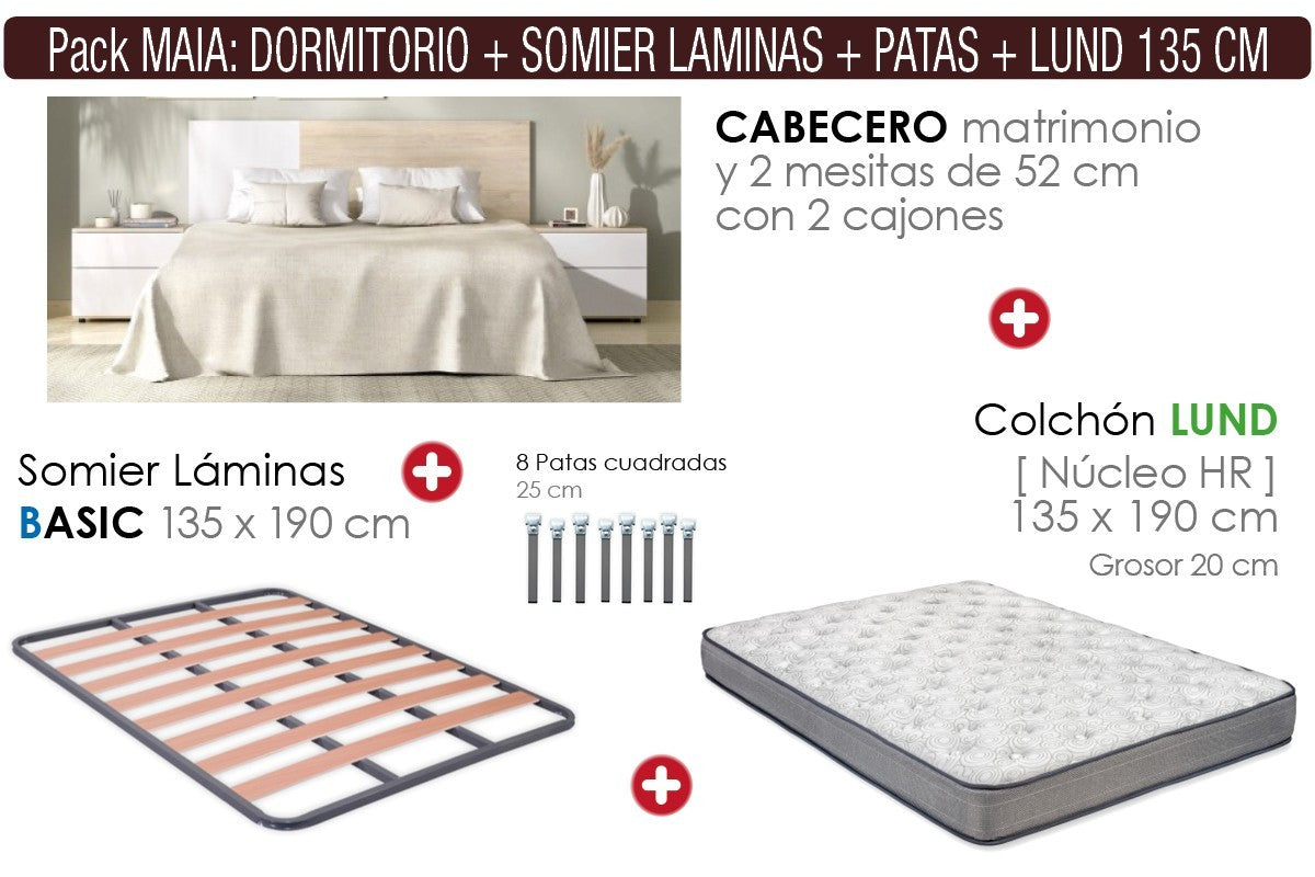🛏️ Pack Dormitorio NOEMI + Somier Láminas + Colchón DUQUE 135x190 cm ✨